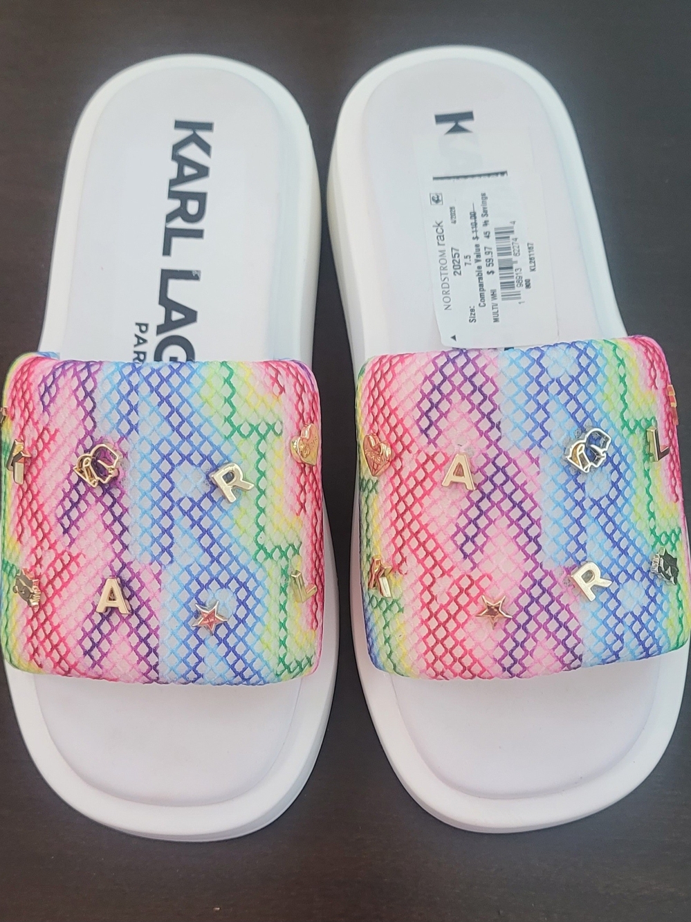 Karl Lagerfeld Rainbow Snake-Print Slide Sandals with Gold Accents